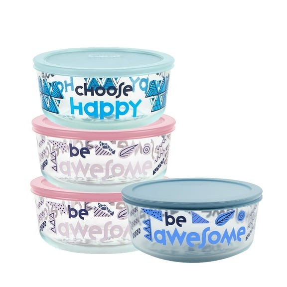 4pk Pyrex 2 Cup Glass Food Storage Containers with Airtight Lids, Clear with Patters, Microwave Safe