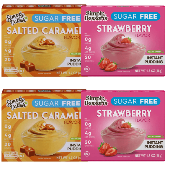 4pk Simply Desserts Sugar Free Instant Pudding Mix Variety Pack (2 Salted Caramel, 2 Strawberry), 1.7 oz Boxes, Low Calorie Dessert, Keto Friendly, Gluten Free Snack Mix