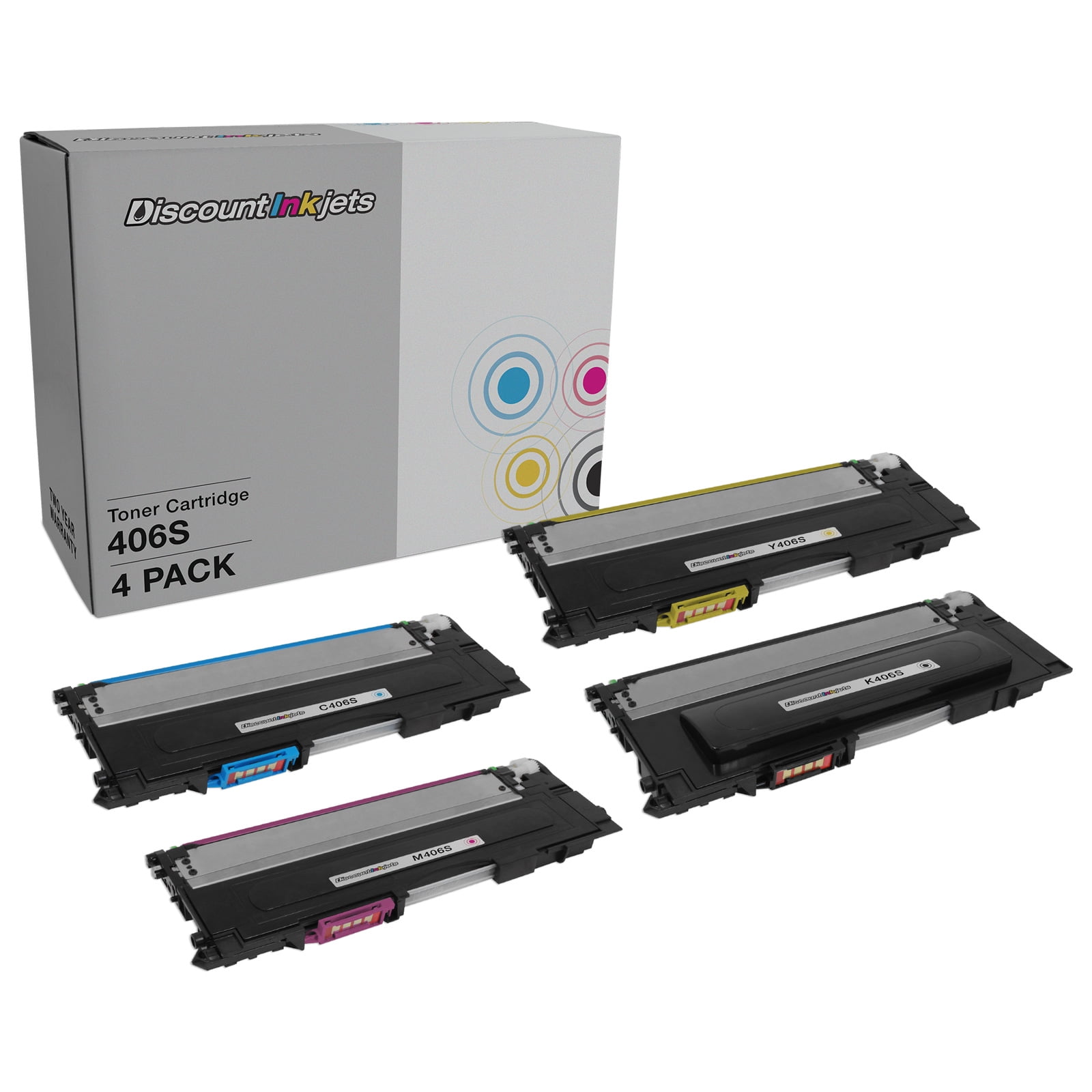 4pk Toner Cartridge Replacements for Samsung CLT-406S Series (B, Y, C, M) Compatible with the following Samsung CLP, CLX, and Xpress printers: CLP-365W, CLX-3305FW, Xpress C410W, and Xpress C460FW