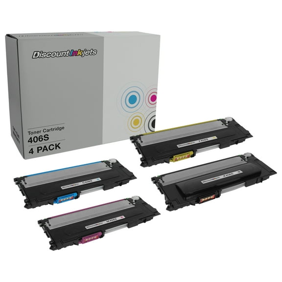 4pk Toner Cartridge Replacements for Samsung CLT-406S Series (B, Y, C, M) Compatible with the following Samsung CLP, CLX, and Xpress printers: CLP-365W, CLX-3305FW, Xpress C410W, and Xpress C460FW