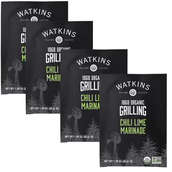 4pk Watkins Chili Lime Marinade Mix (1.06 oz Each) Zesty Chili Lime Seasoning Blend, Spicy Citrus Marinade for Chicken, Shrimp, Steak & Vegetables, Non-GMO, Kosher, Easy Meal Prep Pack