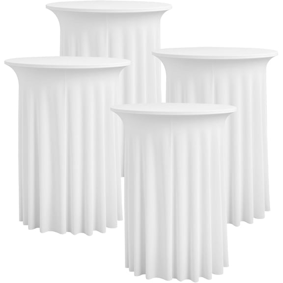 4pk White Cocktail Table Cloth Round 32×43in-High Top Highboy Bar Cocktail Tablecloths-Wrinkle Free Stretchy Fitted Spandex Table Covers with Ruffle Desk Skirt for Wedding Banquet Party Tables