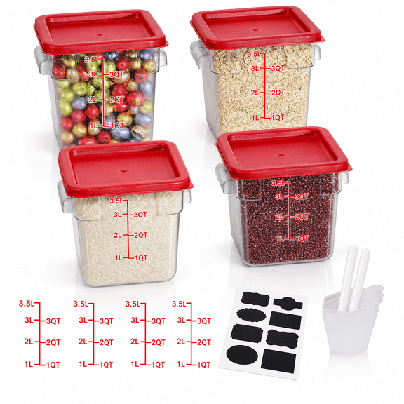 4qt Square Food Storage Containers with Lids, Red, Set of 4