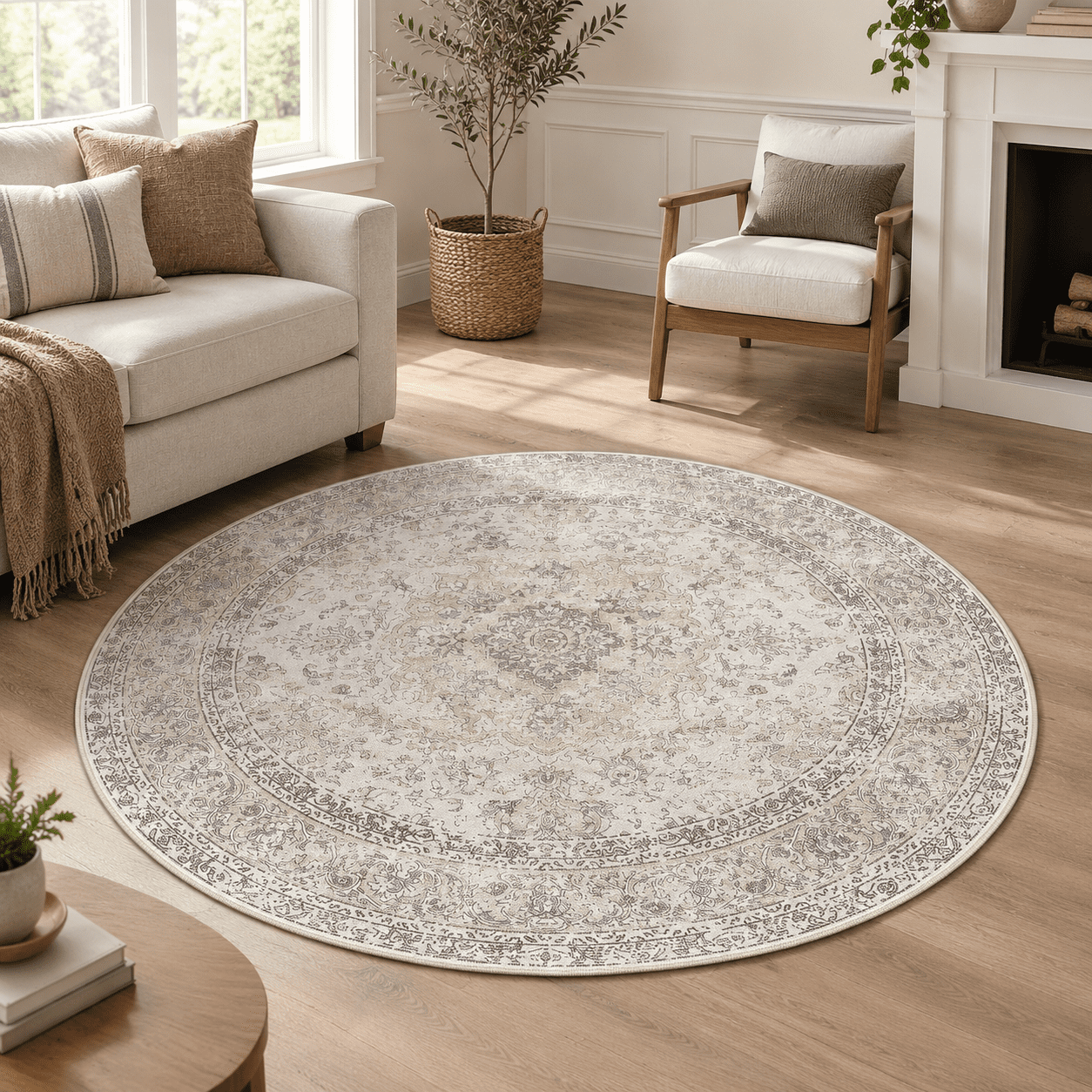 4r Washable Round Rug Beige Grey Non Slip Vintcarpet - Walmart.com