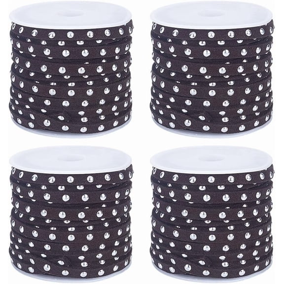4rolls 21.87 Yards(19.9m) Flat Leather String Cords Suede Cords Leather Ribbon Strip Lace Rope Trim with Rivet Leathers Beading String Cord Black for Jewelry Bracelet Making Brown