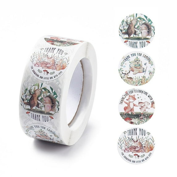 4rolls 4 Patterns Autumn Theme Paper Thank You Gift Sticker rolls Round Dot Decals for Scrapbooking Craft Hedgehog & Squirrel & Mushroom Animal Pattern Colorful 25mm 500pcs/roll
