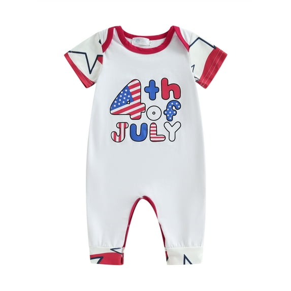 4rth Of July Baby Boy Jumpsuit Short Sleeve Crew Neck Bubble Romper Letter Print Color Block One Piece Independence Day Clothes