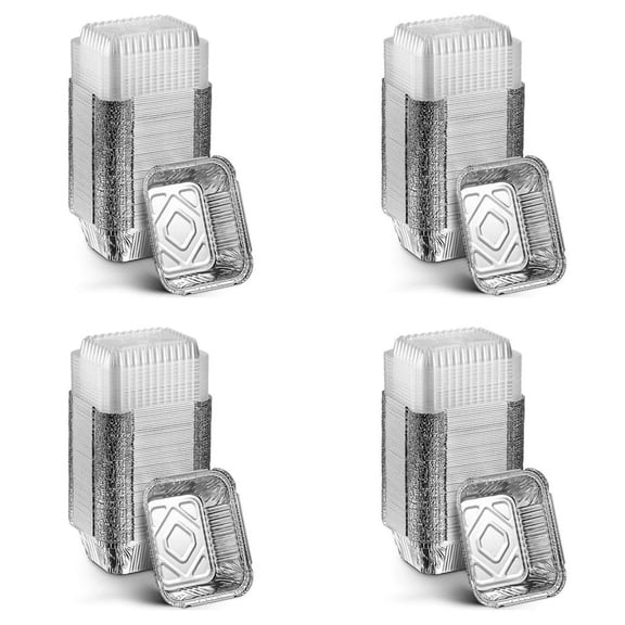 4set Disposable Takeaway Pan with Transparent Lid, Rectangular Aluminum Foil Tray, Tightly Sealed, 410ml Capacity
