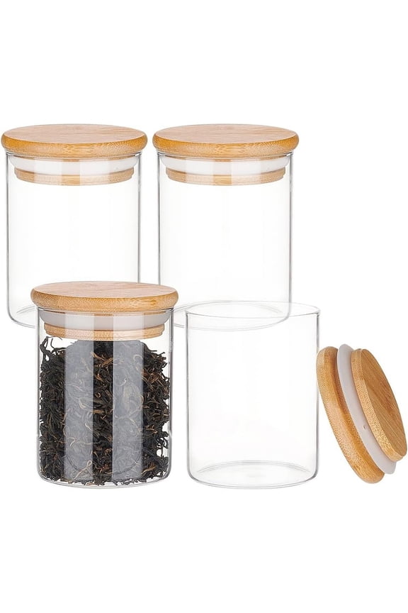 4sets 4 Pack Clear Glass Jar with Bamboo Lids 7oz(200ml) Round Small Airtight Spice Storage Container with Silicone Ring Lids for Home Kitchen Sugar Salt Clear