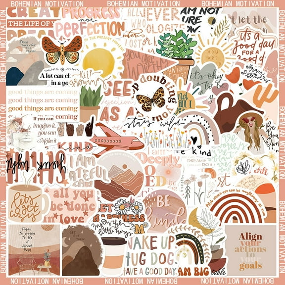 4sets 50pcs Boho style PVC Waterproof Self-Adhesive Stickers Cartoon Stickers for Party Decorative Presents Word Mixed color 40~60mm