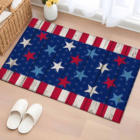4th of 2'x3' Rug for Entryway Front Door Kitchen Sink Area, July USA Flag Star Stripes Farmhouse Blue Red Low Pile Washable Non Slip Rectangle Area Rug