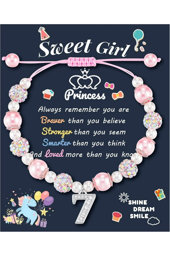 4th-9th Birthday Gifts, Pink Pearl and Rhinestone Lucky Number Bracelet for Girls Daughter Granddaughter Niece