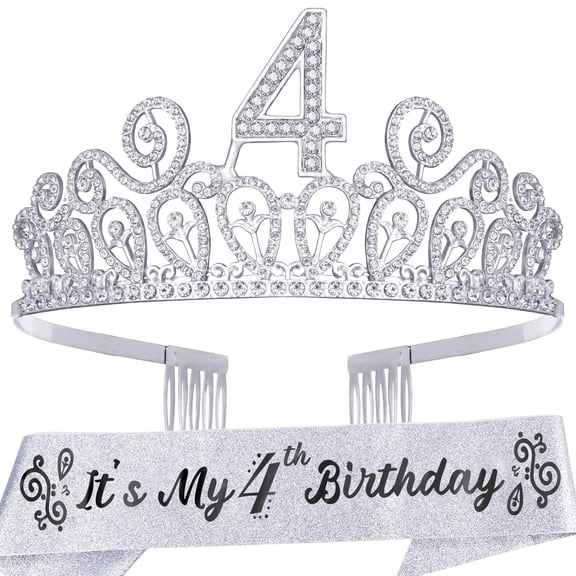MEANT2TOBE 4th Birthday Sash and Tiara for Girls - Fabulous Glitter Sash + Ripples Rhinestone Silver Premium Metal Tiara for Girls, 4th Birthday Gifts for Princess Party