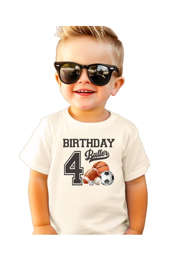 4th Birthday Baller Shirt for Boys Sports Theme Party T-Shirt for 4 Year Old Kids Natural Shirt 4T
