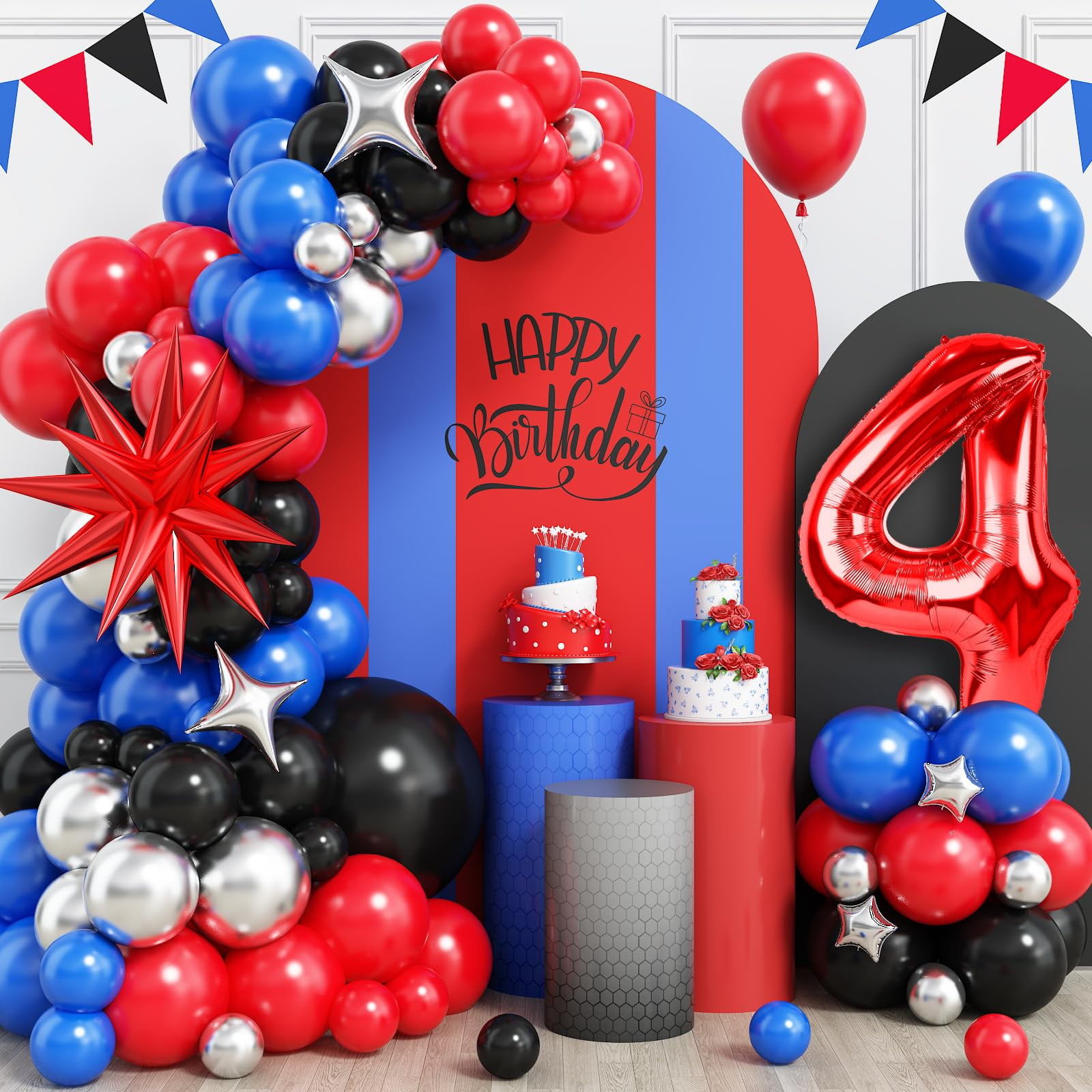 4th Birthday Balloons Decorations, IFF17 Royal Blue Black Red Silver ...