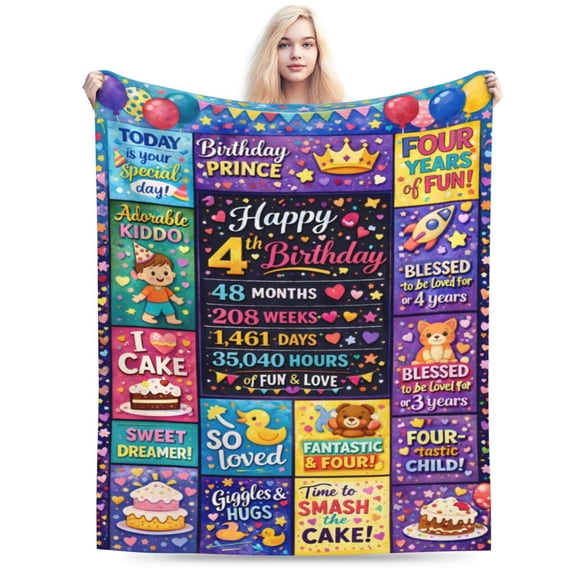 4th Birthday Blanket Gift Throw Blanket Colorful Birthday Party Pattern Blanket Cozy Soft Home Decor Gift for Kids 50x40