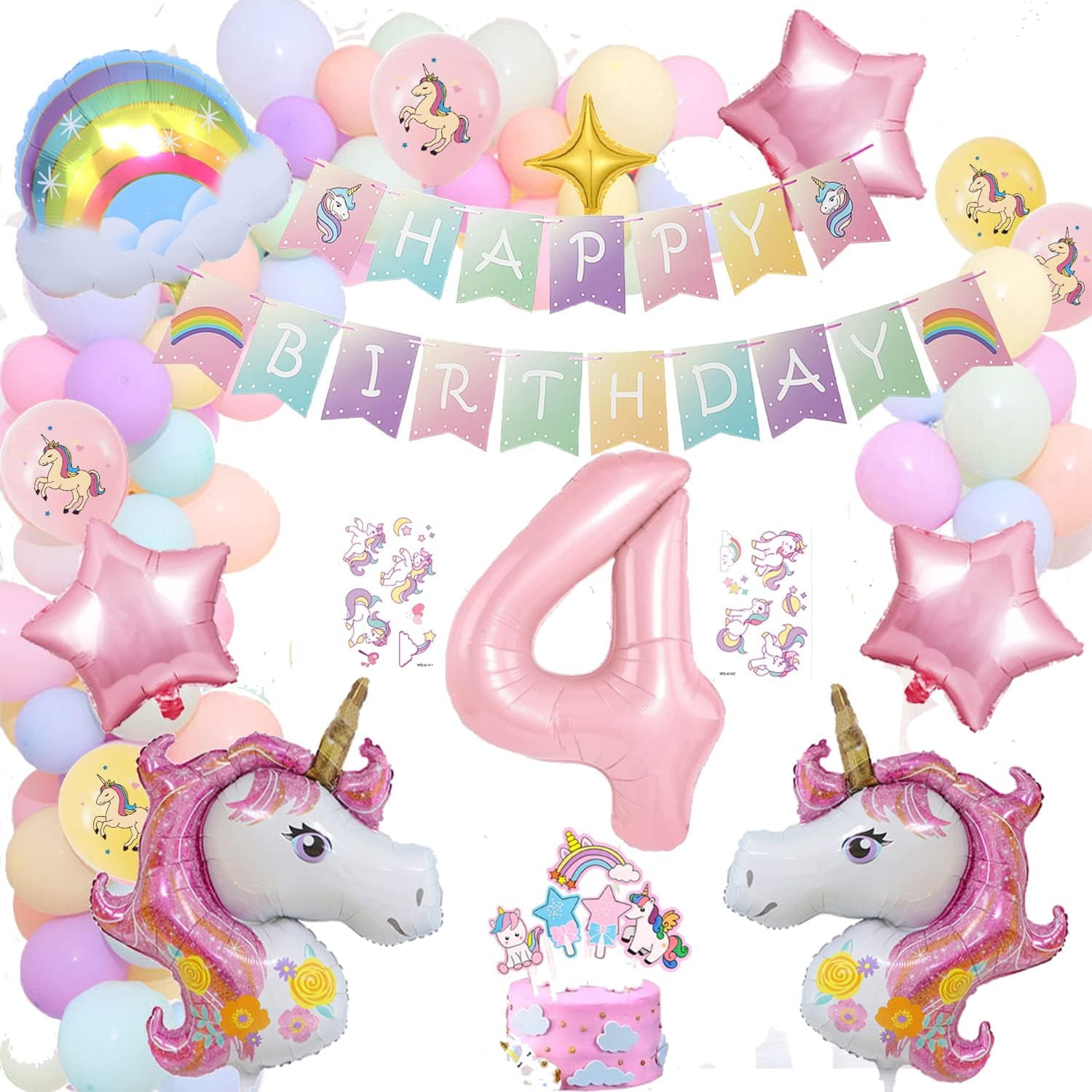 4th Birthday Decoration 43in Unicorn Birthday Balloons for Girls,Pink Unicorn Rainbow Balloon Graland,Unicorn Party Supplies,Happy Birthday Banner,Cake Toppers,Tattoo stickers