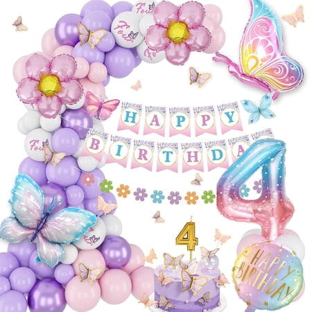 4th Birthday Decorations for Girls - Pink Purple Balloons, Butterfly Party Set With Foil Balloons, Banner, and Stickers
