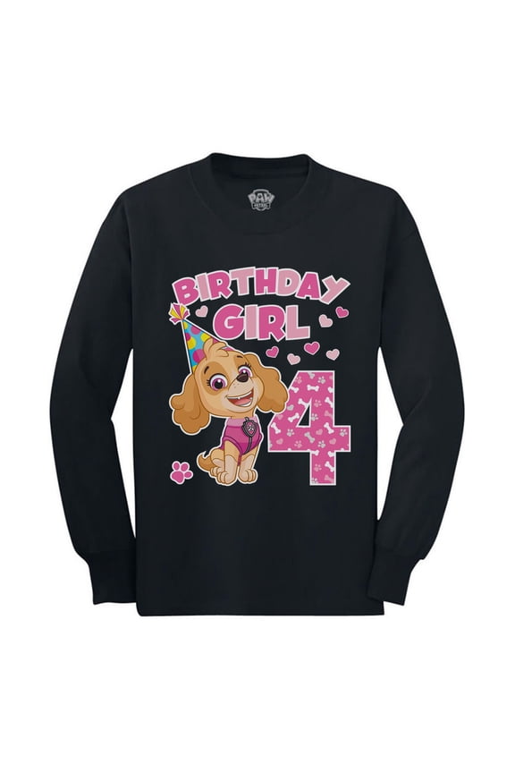4th Birthday Girl's T-Shirt - Paw Patrol Skye-Themed Birthday Top - Gift for 4-Year-Old Toddler - Official Nickelodeon Long Sleeve Shirt - Unique Skye Graphic Tee for Birthday Party Celebrations