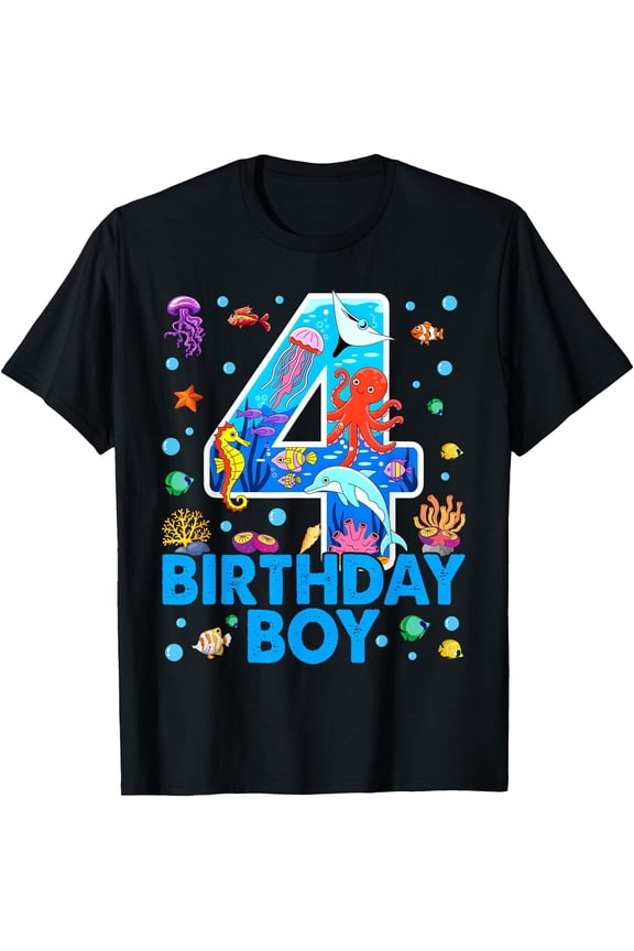 4th Birthday Party Ocean 4 Year Old Sea Fish Birthday Boy T-Shirt