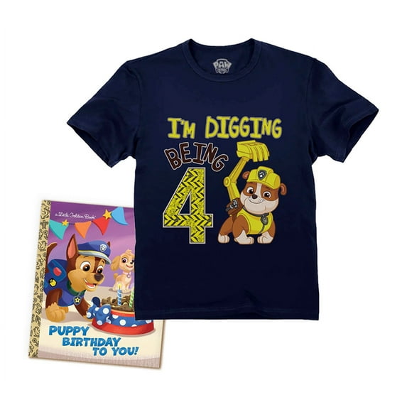 4th Birthday Shirt Toddler Boy Paw Patrol Birthday Shirt and Book and Stickers Navy 4T