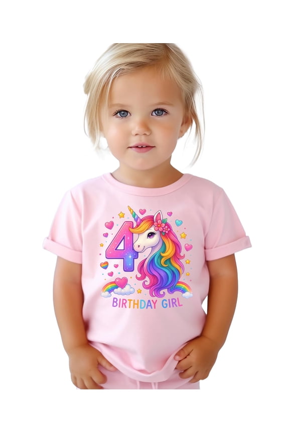 4th Birthday Unicorn Shirt for Girls Rainbow Horse Party Theme Four Year Old Graphic Tee Pink Shirt 4T