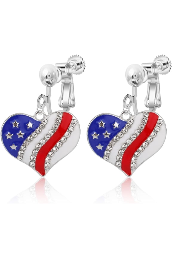 4th Clip Earrings Women, Earrings Heart Jewelry of July Patriotic on for Fourth of July American Flag Red White and Blue Dangle Non Pierced Screw Back USA Independence Day Patriots Drop[z803]