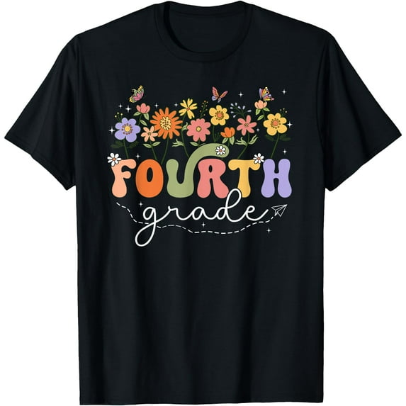 4th Fourth Grade Teacher Wildflower Back To School Floral T-Shirt,Black