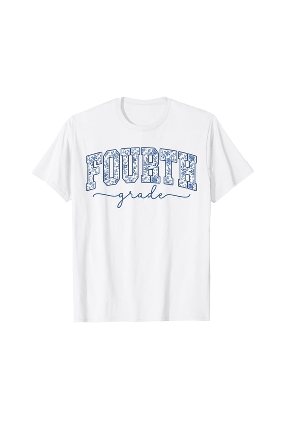 4th Grade Back to School Fourth Grade Blue Toile Teacher T-Shirt