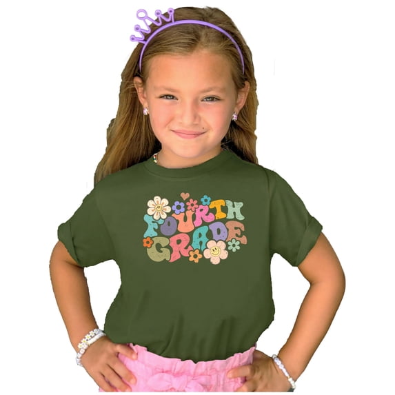 4th Grade Groovy Daisy First Day of School T-Shirt Back to School 1st Day of School Outfit Military Green Shirt Youth Small