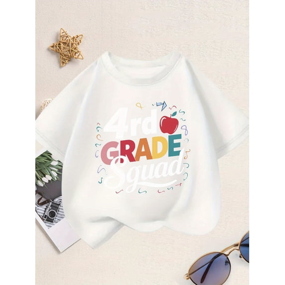 4th Grade Squad Graphic T-Shirt for Girls - Black Casual Summer Tee with Colorful Apple & Confetti Design, Cotton, Round Neck, Lightweight & Breathable for School or Play, Cute T Shirts