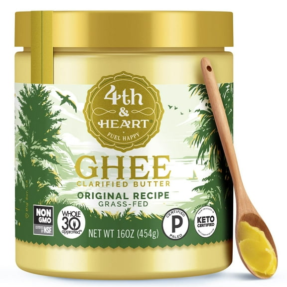 4th & Heart Original GGA1 Grass-Fed Ghee, Clarified Butter, 1:1 Butter Substitute, Pasture-Raised, Lactose & Casein Free, 16 oz