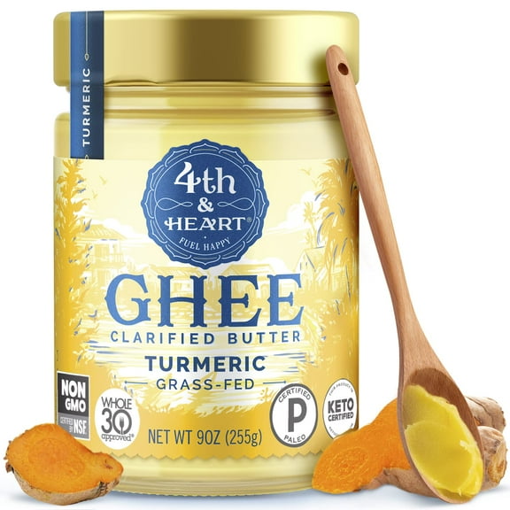 4th & Heart Turmeric GGA1 Grass-Fed Ghee, Clarified Butter, 1:1 Butter Substitute, Pasture-Raised, Lactose & Casein Free, 9 oz