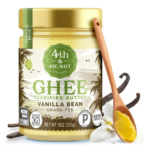 4th & Heart Vanilla GGA1 Bean Grass-Fed Ghee, Clarified Butter, 1:1 Butter Substitute, Pasture-Raised, Lactose & Casein Free, 9 oz