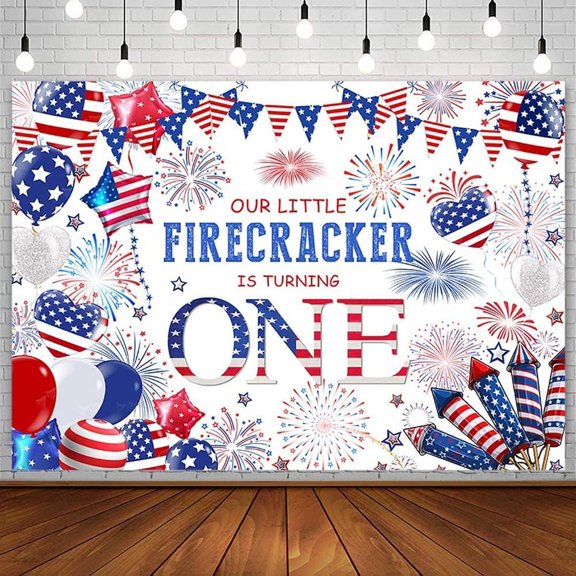 4th of July 1st Birthday Backdrop Independence Day Birthday Party Decorations Red White and Blue Star Balloon Our Little Firecracker is Turning One Photography Background