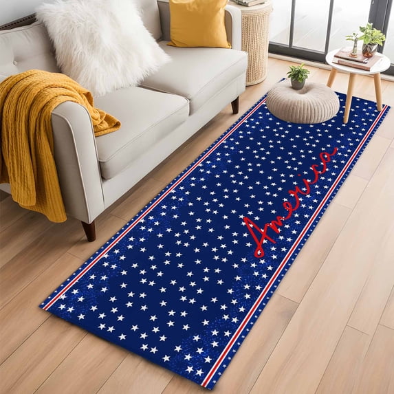 4th of July 2'x6' Runner Rugs for Hallway Kitchen Bedside Non Slip, Independence Day American Patriotic Stars Blue Entryway Rug Runners with Rubber Backing, Long Carpet Runner for Laundry Room
