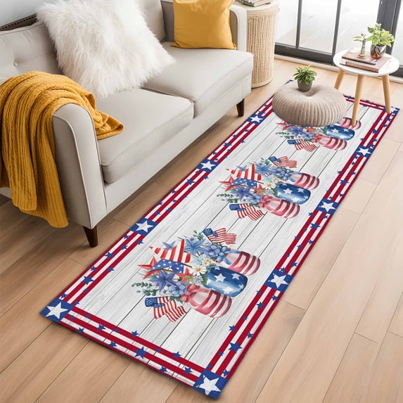 4th of July 2'x6' Runner Rugs for Hallway Kitchen Bedside Non Slip, Red Blue Patriotic Flowers Star Stripes Wooden Entryway Rug Runners with Rubber Backing, Long Carpet Runner for Laundry Room