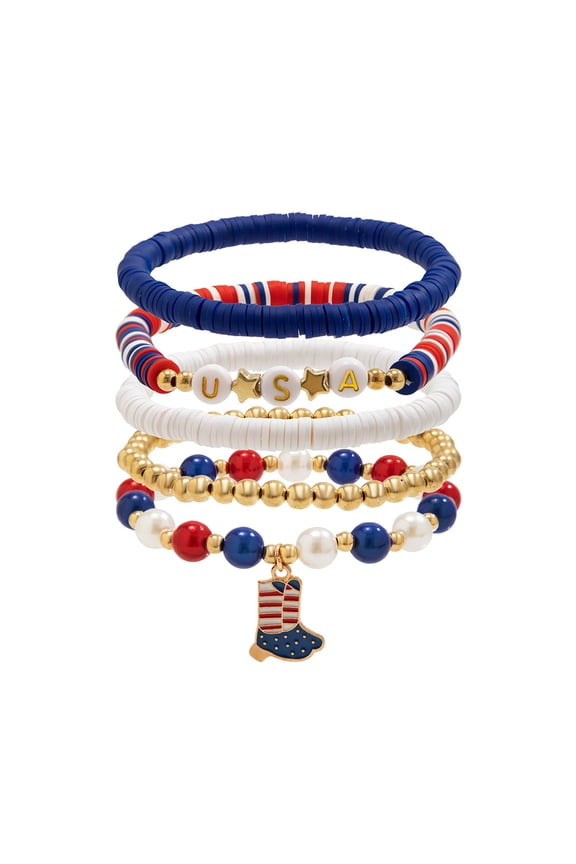 4th of July 250th Anniversary Patriotic Bracelet, Independence Day Red White Blue Multi Layer Beaded Wrap Bracelet, USA Flag Soft Ceramic Jewelry for Adult (1776-2026)