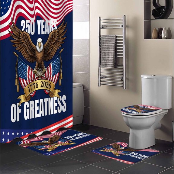 4th of July 4PCS Shower Curtains Set with Toilet Lid Cover Non-Slip Rugs, 250 Years of Greatness Bald Eagle Blue Red USA Flag Waterproof Shower Curtain Set for Bathroom with 12 Hooks 72x72 In