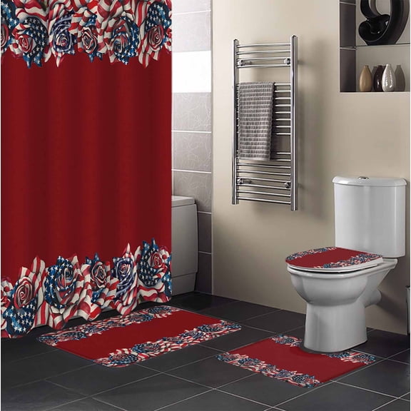 4th of July 4PCS Shower Curtains Set with Toilet Lid Cover Non-Slip Rugs, USA Flag Rose Waterproof Shower Curtain Set for Bathroom with 12 Hooks 72x72 In