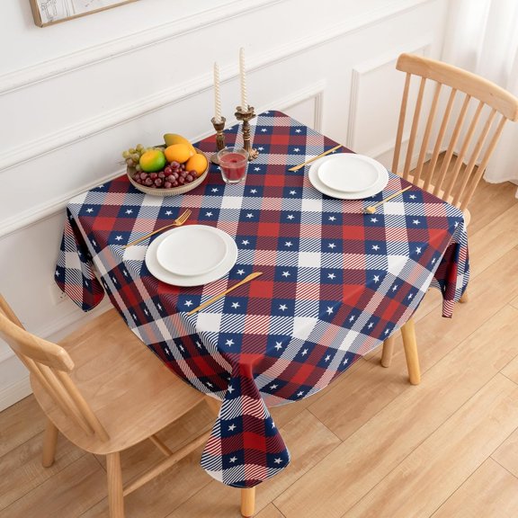 4th of July 52x52 Square Tablecloth Patriotic Memorial Day Red Blue Buffalo Plaid Stars Table Cloth - Polyester Independence Day Table Cover Washable Waterproof for Party Picnic Dinner Décor