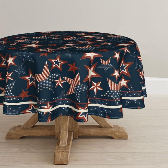 4th of July 70×70 Inch Round Tablecloth, Patriotic Memorial Day Navy Blue Red Star Independence Day Washable Table Cover for Party Picnic Dinner Decor