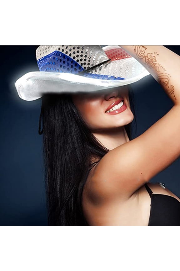 4th of July Accessories, Sparkly Us-Flag Western Cowboy Hat, LED Light-Up Cowboy Hat, 4th of July Red White Blue Sequin Cowgirl Hat for Independence Day Party