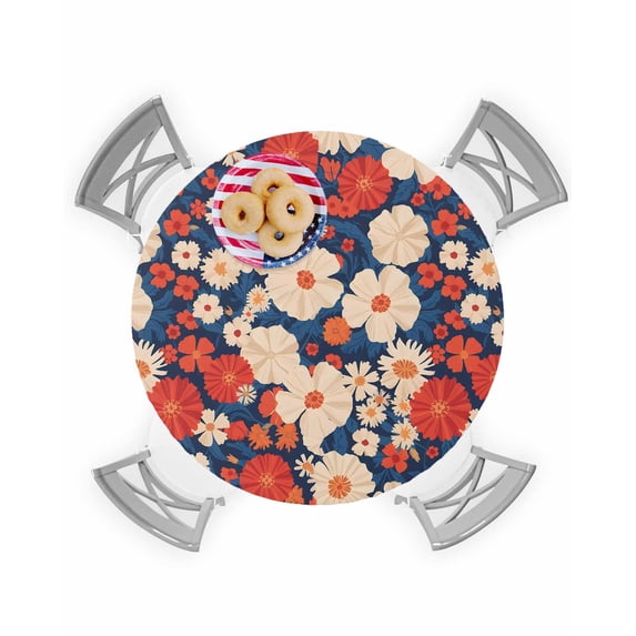 4th of July American Daisy Flowers Fitted Round Tablecloths Elastic Edged Table Covers 36"-44",Vintage Patriotic Floral Waterproof Dining Room Table Cloth for Kitchen Holiday Party Tables Decor