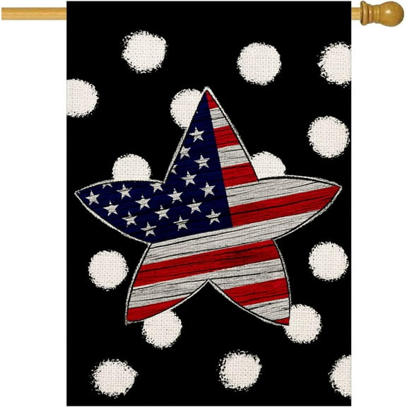 4th of July American Flag House Flag Black and White Polka Dots with Navy Red Stars and Stripes Flags 28x40 Inch Patriotic Independence Day Outside Porch Patio Farmhouse Yard