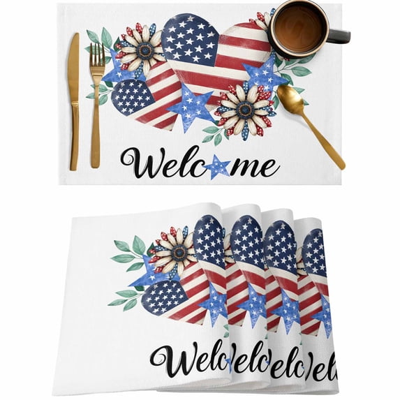 4th of July American Flag Love Flower Placemats Set of 4,Wipeable Washable Table Mats for Dining Tables,Stars and Stripes Place Mats for Kitchen Event Party Tabletop Decor