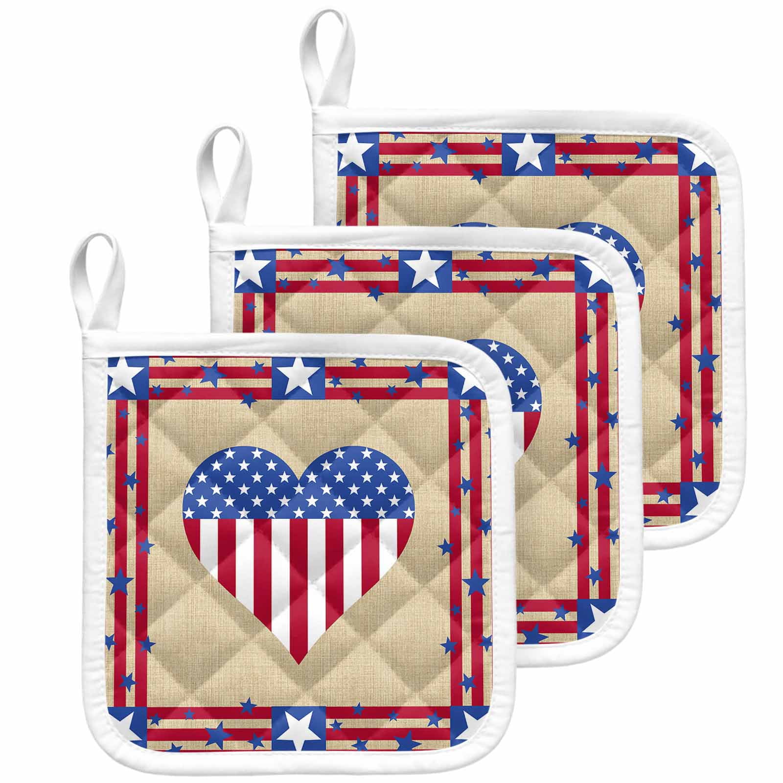 4th of July American Flag Love Heart Pot Holders for Kitchen Heatproof Potholder, 3 Pack Stripes Independence Day Hot Pads Multipurpose Oven Pads Cloth Potholders Trivet for Cooking Baking