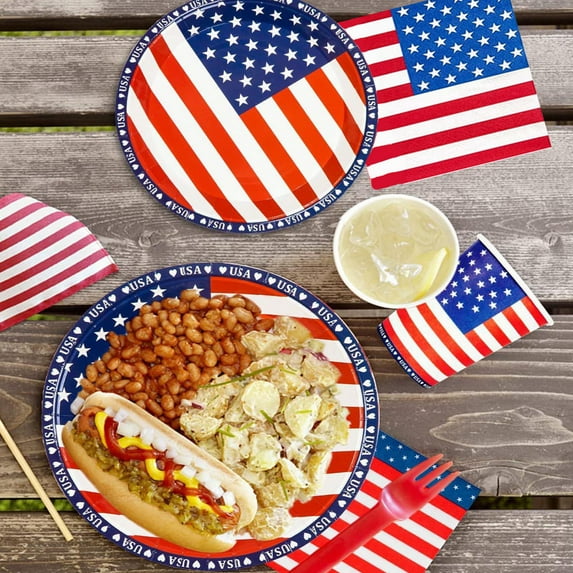 4th of July, American Flag Patriotic Party Supplies Disposable Napkins Paper Plates and Paper Cups for Veterans Day Election Day Independence Day Decorations, Serve 24 9 Inches Plate