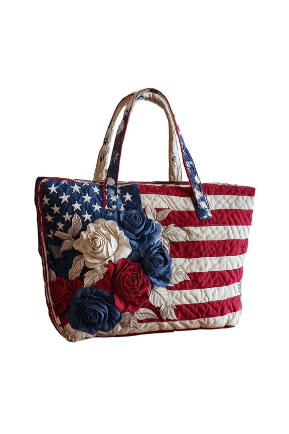 4th of July American Flag Rose Tote Bag, 250th USA Patriotic Star Stripe Quilted Canvas Shoulder Bag, Vintage Lightweight Large Capacity Handbag for Women, Independence Day Gift - Style 1, Size B