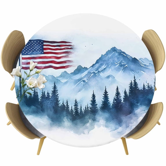 4th of July American Flag Round Tablecloth 36-44 Inch Round Fitted Table Cloth with Elastic Edge, Forest Independence Day Waterproof Table Cover Protector for Outdoor Picnic Party Dining